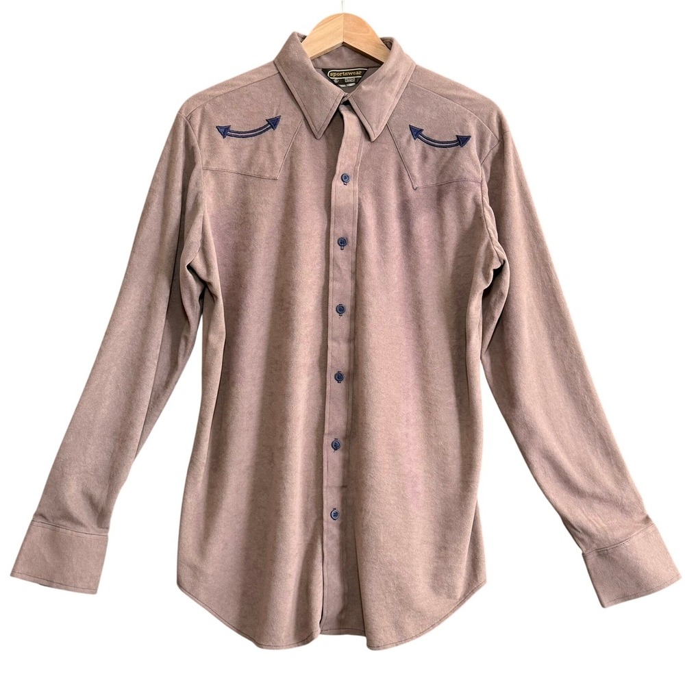 Vintage 70s Men's Long-Sleeve Sears Button-Up Shirt - Taupe with Navy Accents